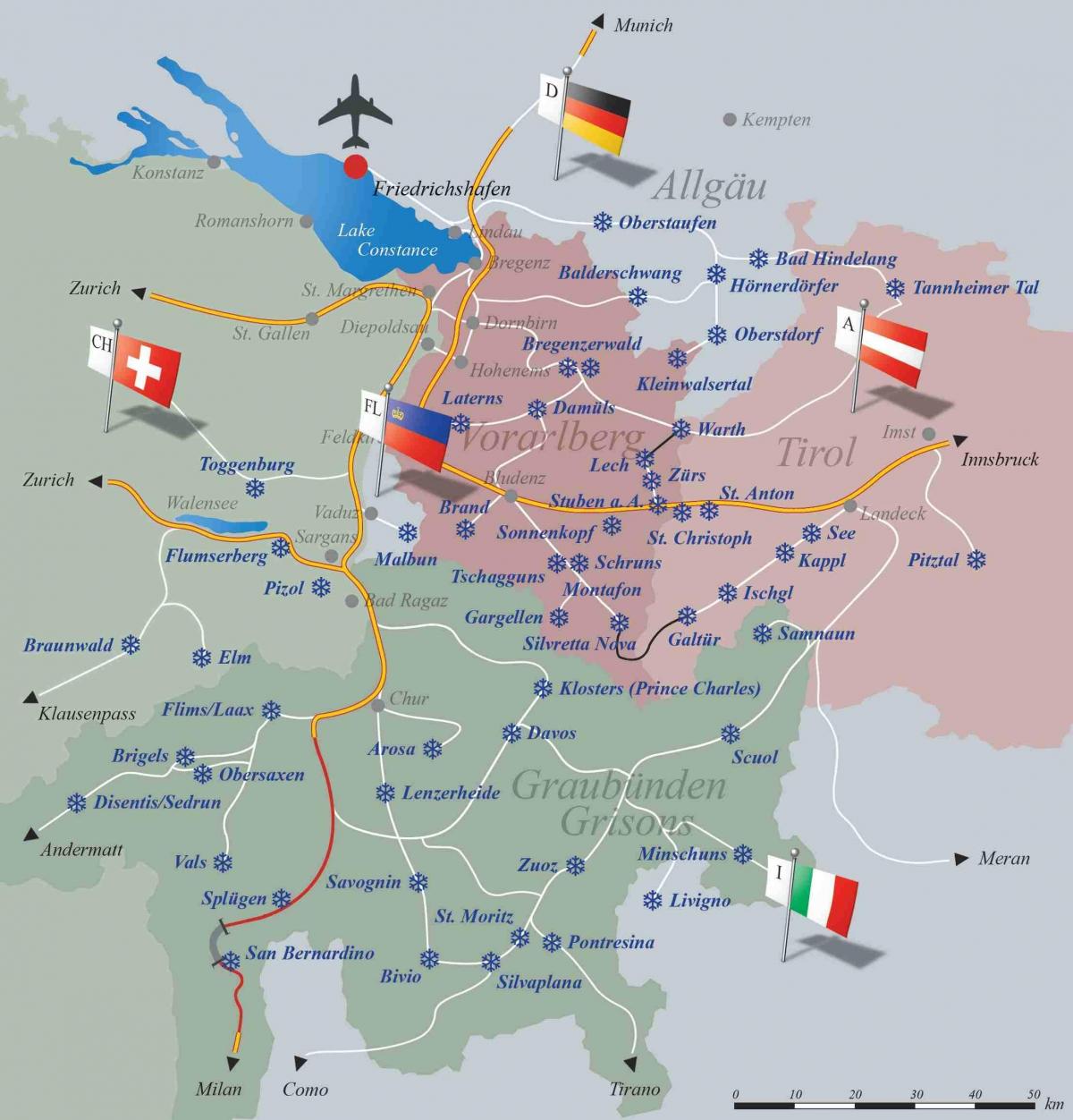 lyžařská střediska ve švýcarsku mapě