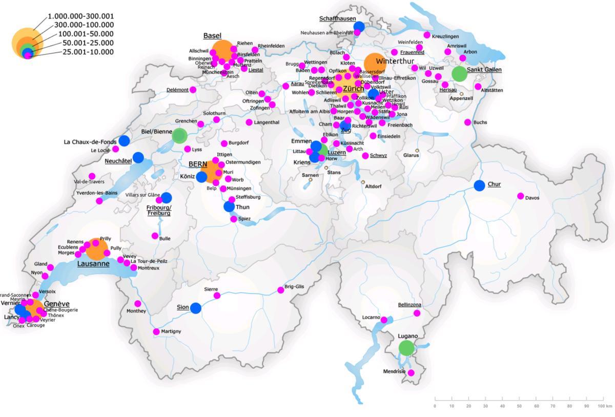 švýcarsko mapa s větších městech