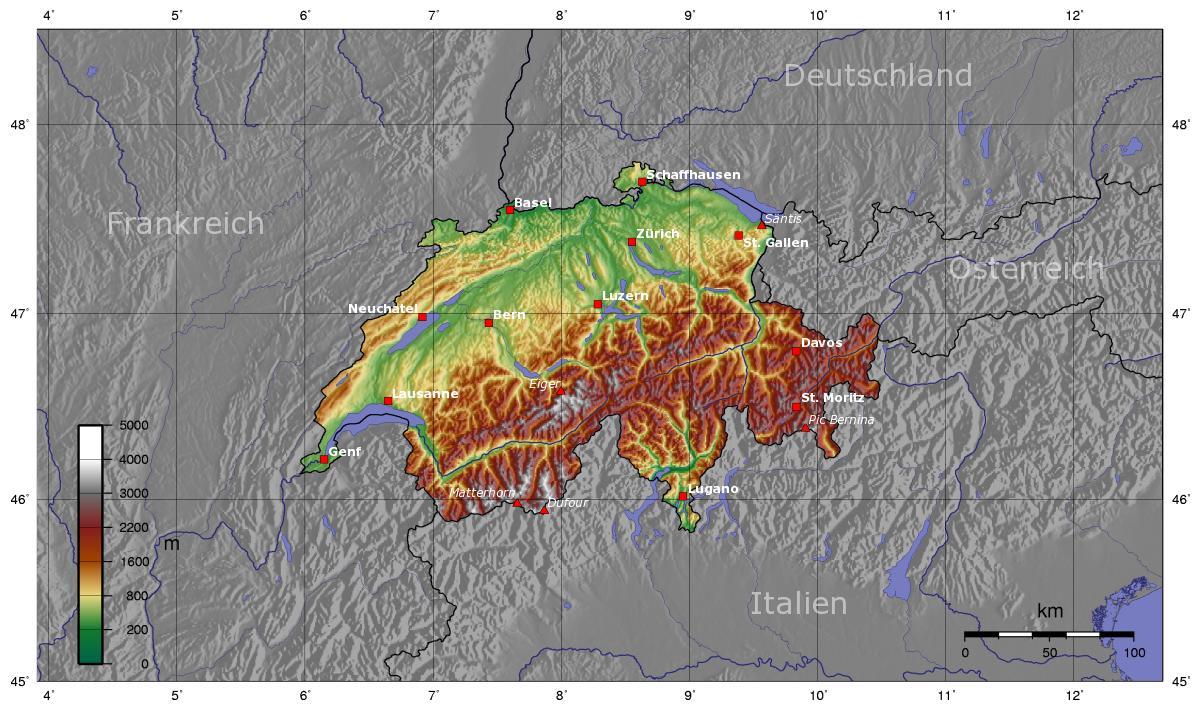 mapa švýcarska nadmořská výška